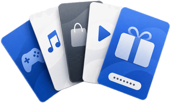 Five gift cards fanned out: a blue card with a game controller, white cards with a music note and a play button, a slate card with a shopping bag, and a blue card with a gift box and a masked code strip